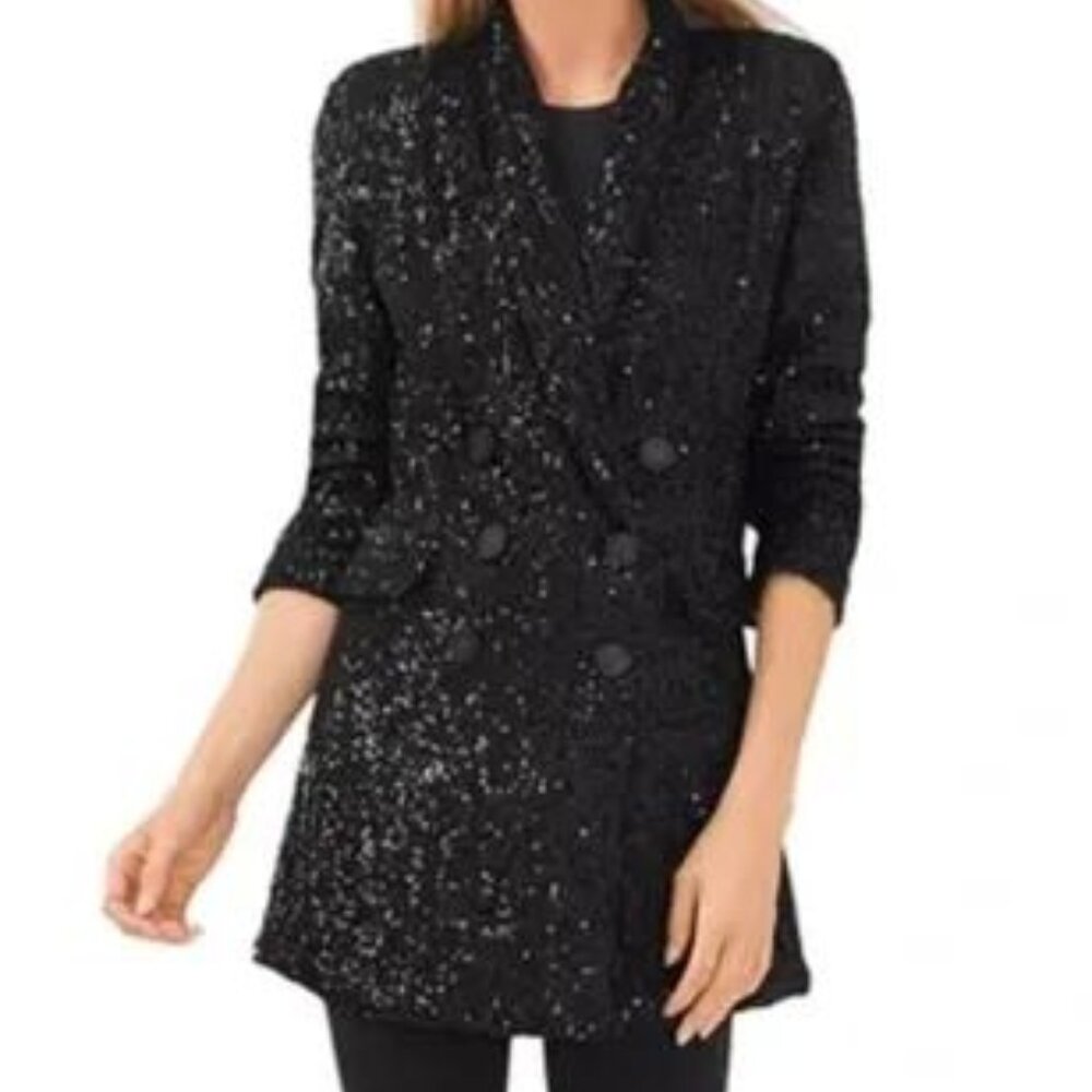 CECE Long Sleeve Double-Breasted Sequin Blazer Sz: 4 Black